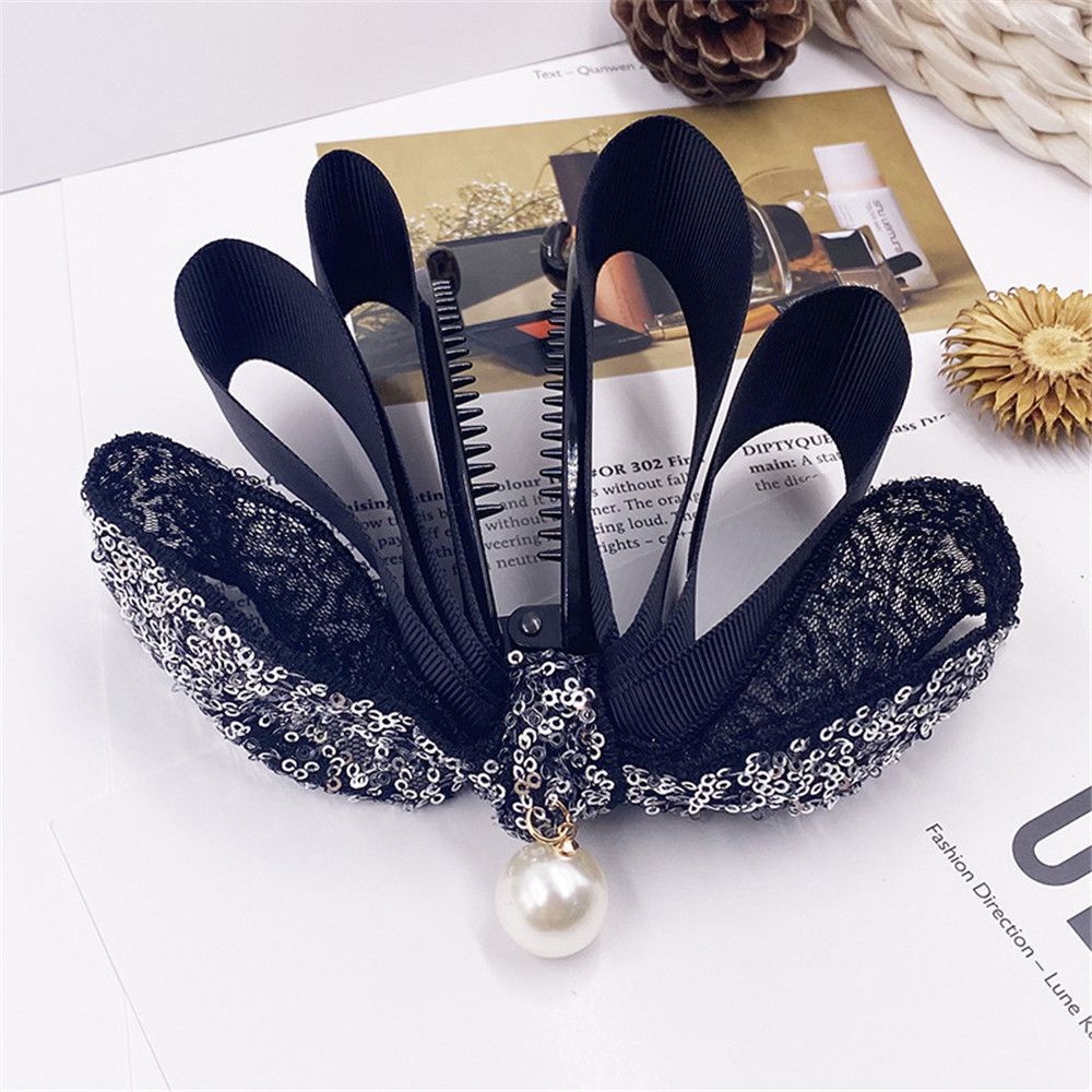 Kẹp tóc ruy băng thắt nơ đính ngọc trai xinh xắn cho nữ