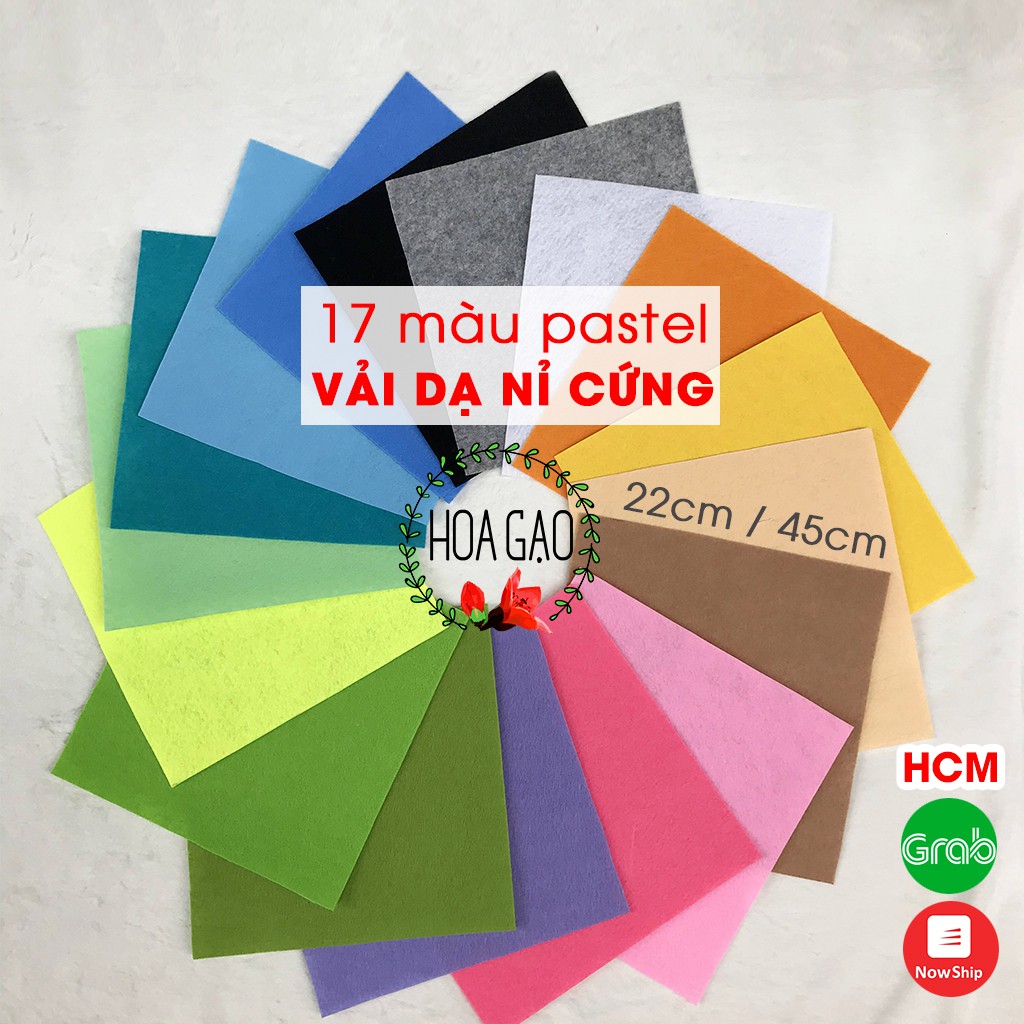 Combo 17 màu pastel vải nỉ cứng, vải dạ HOA GẠO GNCBA làm treo nôi, sách vải, móc khoá, giáo cụ mầm non không xù lông