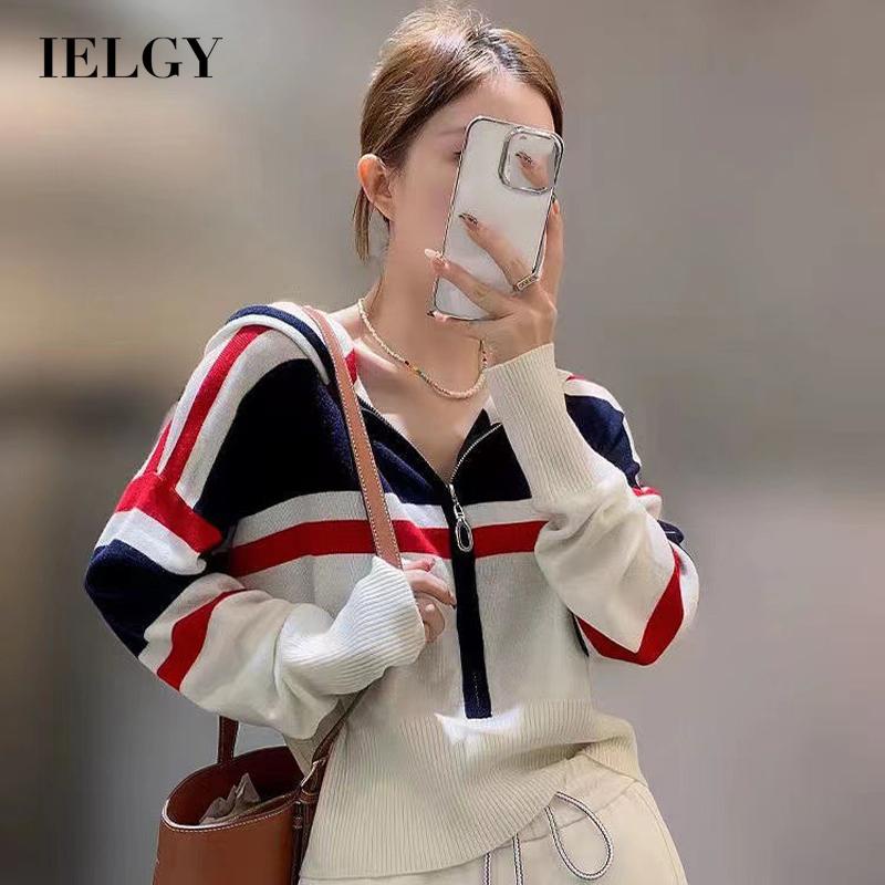 IELGY Áo sweater Dệt Kim Tay Dài Có Mũ Trùm Khóa Kéo Phối Màu Sắc Khối Dễ Phối Đồ Thời Trang Cho Nữ
