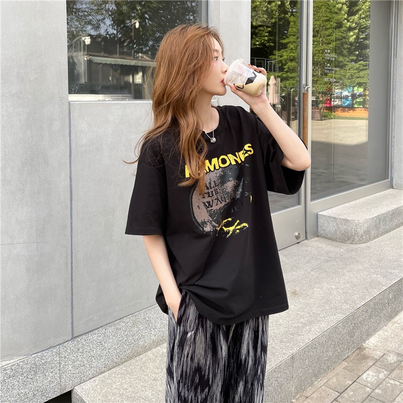 Áo Thun Tay Ngắn Cổ Tròn In Họa Tiết Phong Cách Retro Hàn Quốc