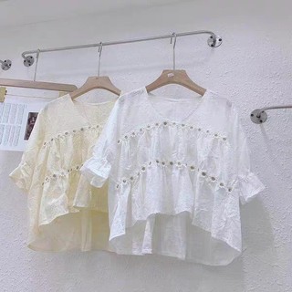 Áo babydoll cổ V viền hoa cúc ( kem - trắng )-SHOPFORGIRL