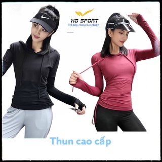 Áo Tập Gym Dài Tay, Đồ Tập Zumba Thể Thao Nữ, Thun Cao Cấp, Có Mũ Rút Dây ADT01
