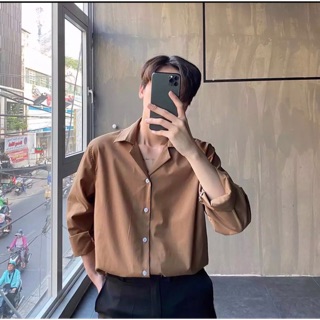 (CÓ SẴN) Sơ Mi cổ Vest nâu Nam Nữ form rộng Unisex