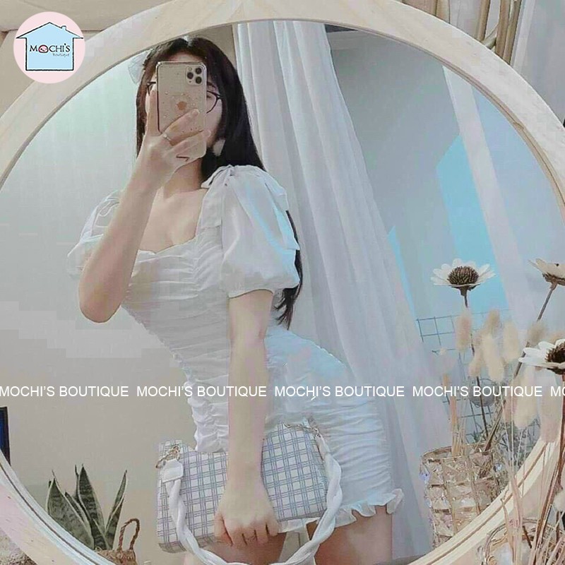 Đầm body dáng ngắn màu trắng nhún eo che khuyết điểm, mẫu váy đầm trắng cổ vuông tay phồng thắt nơ điệu đà-M065 | BigBuy360 - bigbuy360.vn