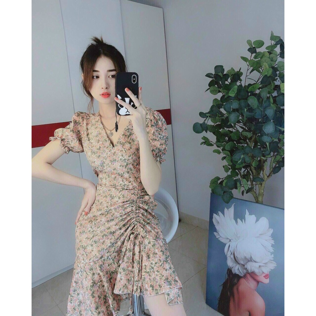 đầm voan đuôi cá tay phồng cổ v rút dây họa tiết hoa xinh lung linh m34