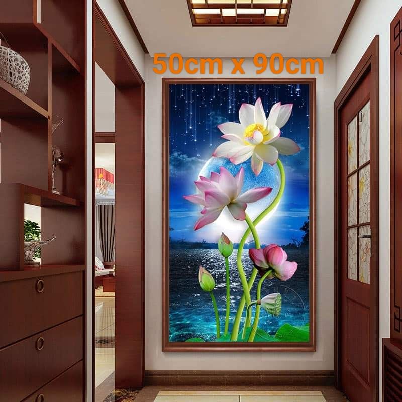 Tranh thêu chữ thập hoa sen. Tranh thêu đầm sen size vừa