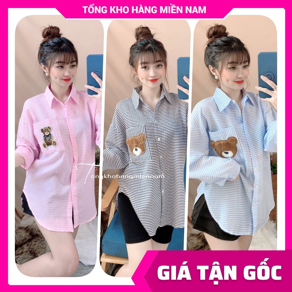 Áo sơ mi nữ phom to tay dài phối sọc kẻ thêu gấu dễ thương MT1971