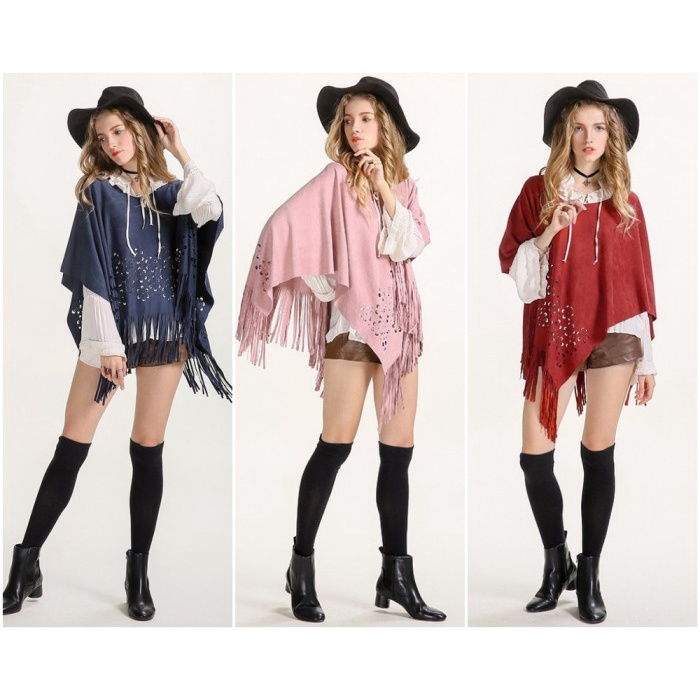Áo Khoác Cardigan Da Lộn Dáng Dài Phối Tua Rua Màu Hồng Phong Cách Bohemian