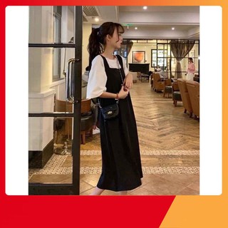 Thời Trang Tuổi Teen -  SET YẾM VÁY KAKI DÁNG THỤNG ULLAZANG - YẾM DÀI HÀN QUỐC MIX ÁO PHÔNG TAY LỠ TRẮNG -(Sắn)  S77