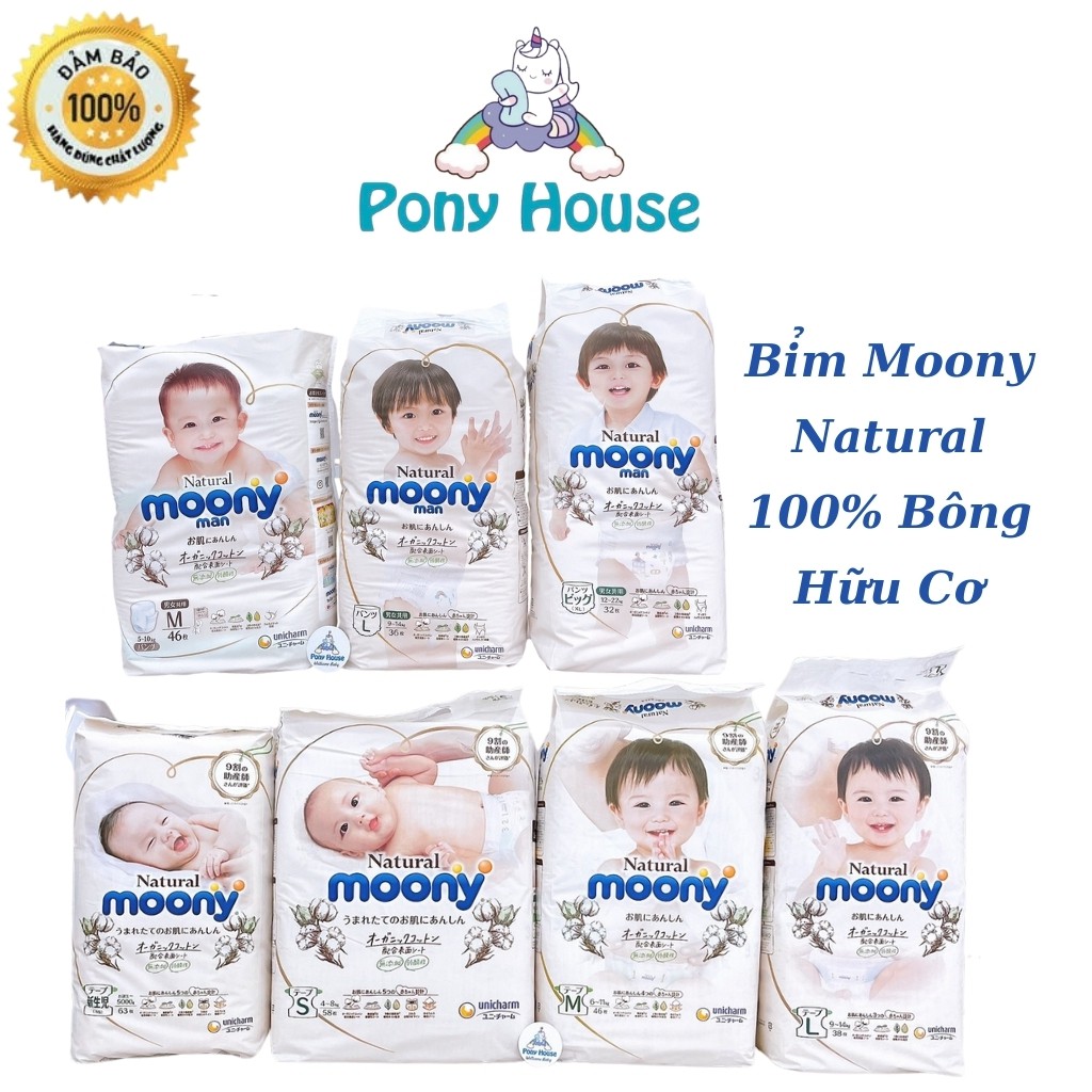 Tã/Bỉm Moony Natural Trắng nội địa Nhật Bông Organic Cho Bé dán/quần NB63/S58/M46/L38/L36/XL32