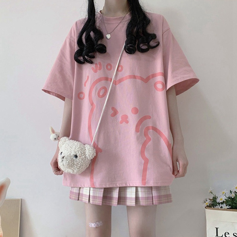 Áo Thun Tay Ngắn Cổ Tròn In Hình Gấu Hoạt Hình Phong Cách Harajuku Dành Cho Nữ