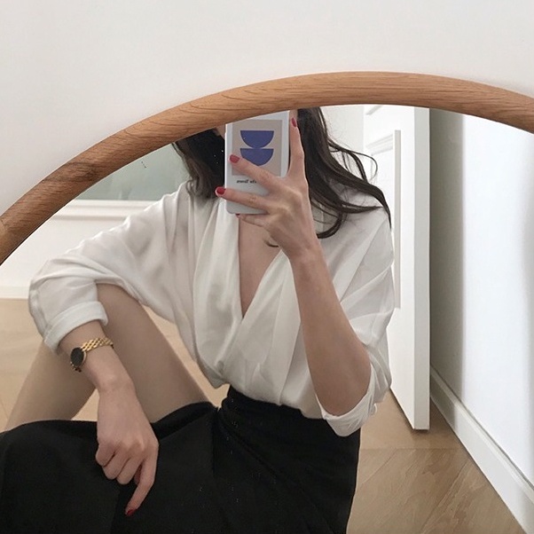 Áo sơ mi freesize dáng rộng công sở Ann cài cúc gập cổ Harriet