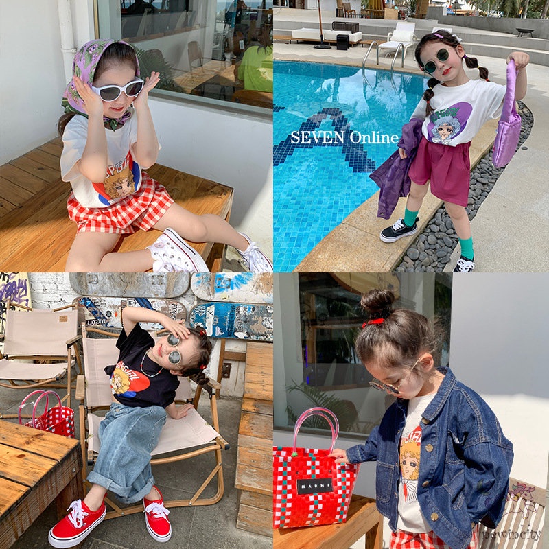 Áo Thun Cotton Tay Ngắn In Họa Tiết Hoạt Hình Phong Cách Hàn Quốc Cho Bé Gái