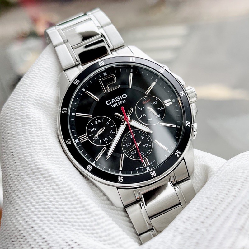 Đồng hồ Nam Casio MTP-1374D-1AV, đồng hồ chính hãng, dây bạc mặt đen 6 kim