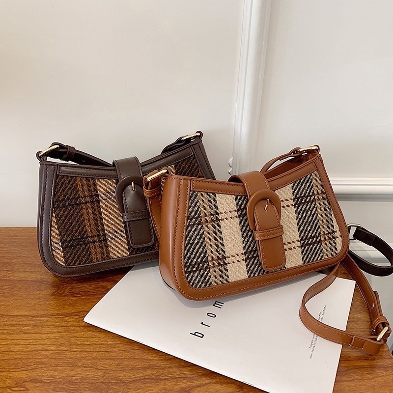 Túi Đeo Chéo Nữ Phối Thổ Cr, Túi Xách Nữ Dạ Kẻ Thời Trang Hàn Quốc