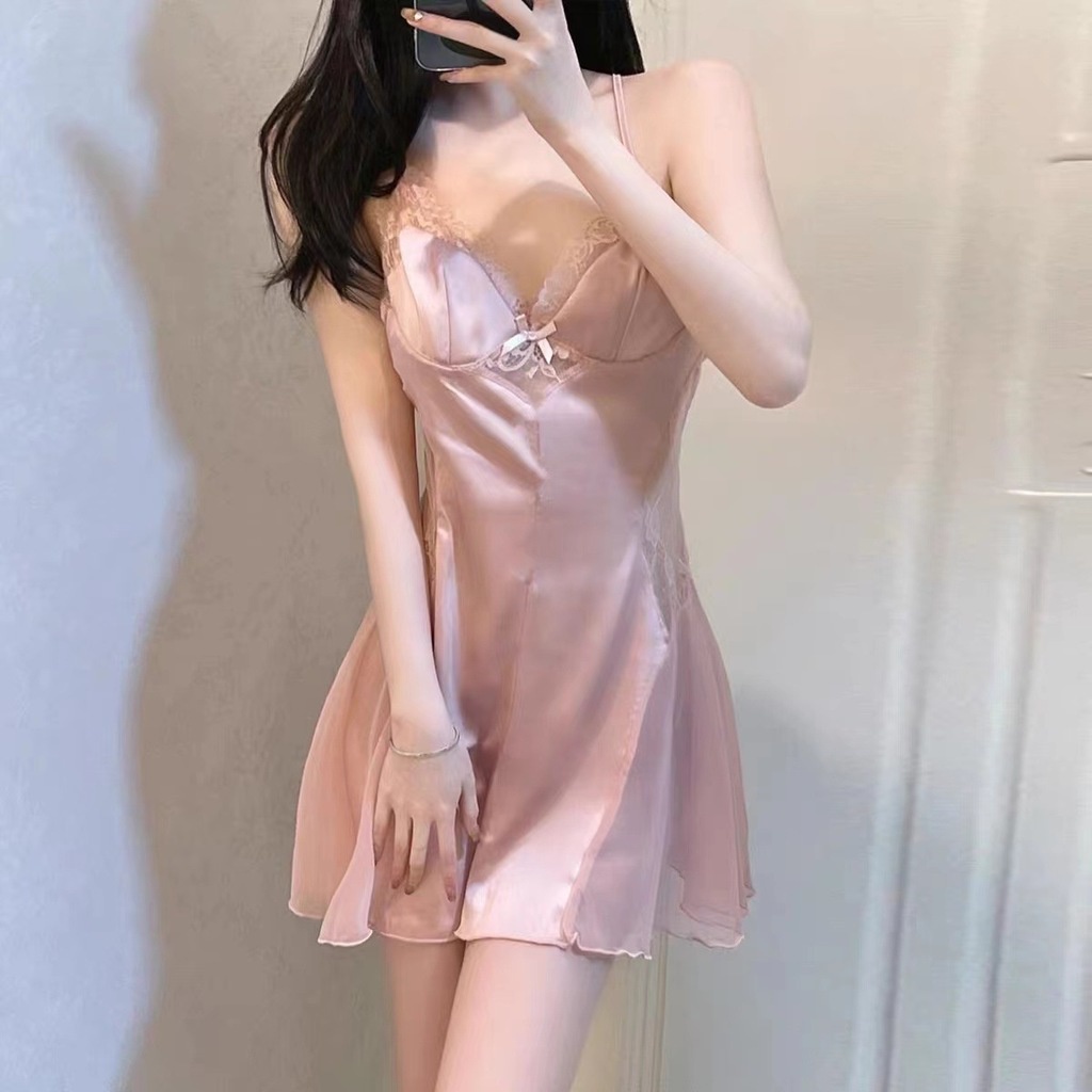 Đồ ngủ Vải Lụa Lạnh Phối Ren Có Miếng Đệm Ngực Dành Cho Nữ