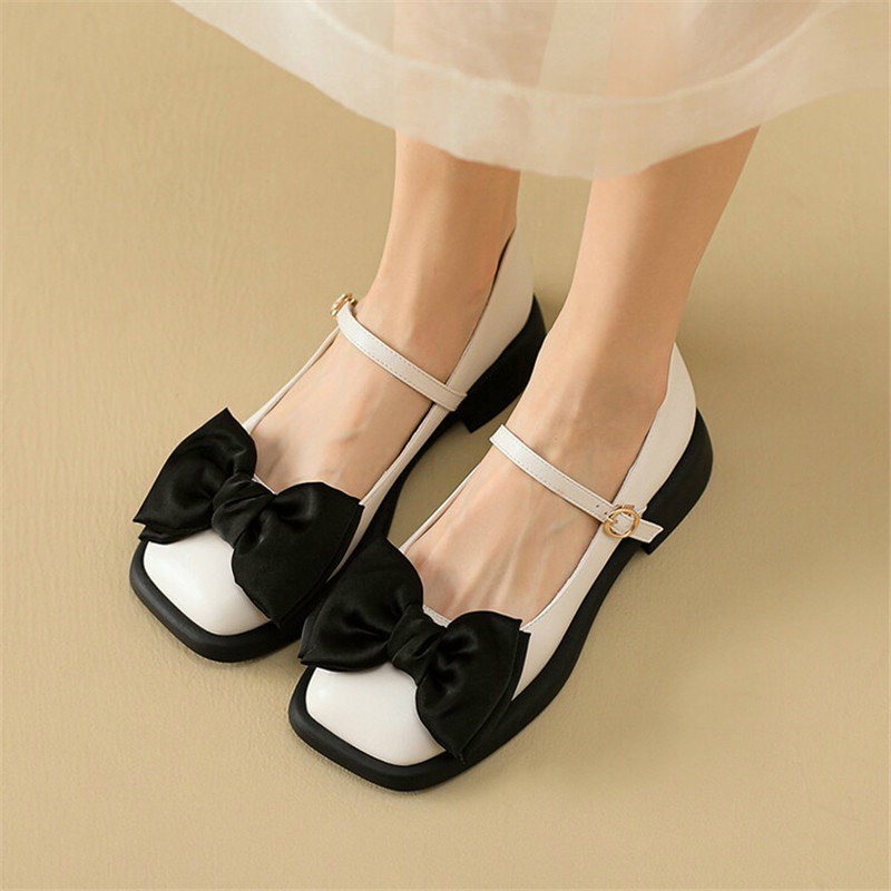 Giày Bệt Nữ Lolita Da Mềm Đính Nơ Phong Cách Thời Trang Trẻ Trung