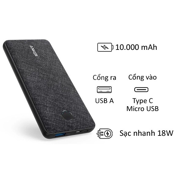 Pin dự phòng Anker Powercore Slim 10000mAh A1229 bọc vải - CỤC SẠC DỰ PHÒNG GỌN NHẸ AN TOÀN KHÔNG NÓNG MÁY