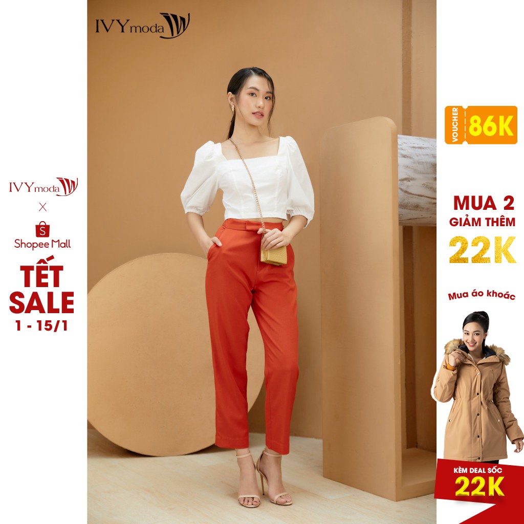 [NHẬP WABRTL5 GIẢM 10% TỐI ĐA 50K ĐH 250K ]Quần dài nữ cạp lệch đỏ cam thiết kế IVY moda MS 22M6366