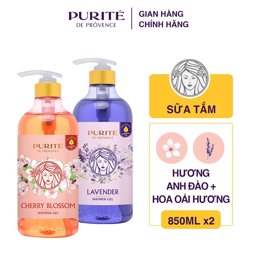 Combo 2 Sữa Tắm Sáng Mịn Purité by Prôvence Hoa Anh Đào 850ml + Sữa Tắm Thư Giãn Hoa Oải Hương 850ml