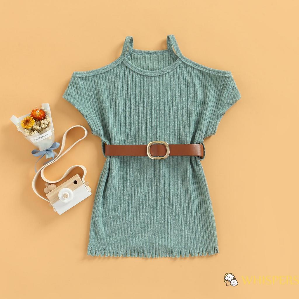 WHISPERS-1-6Y Summer Fashion Baby Girls Dress With Belt Off Shoulder Solid Color Tassel Hem Straight Dresses Clothing