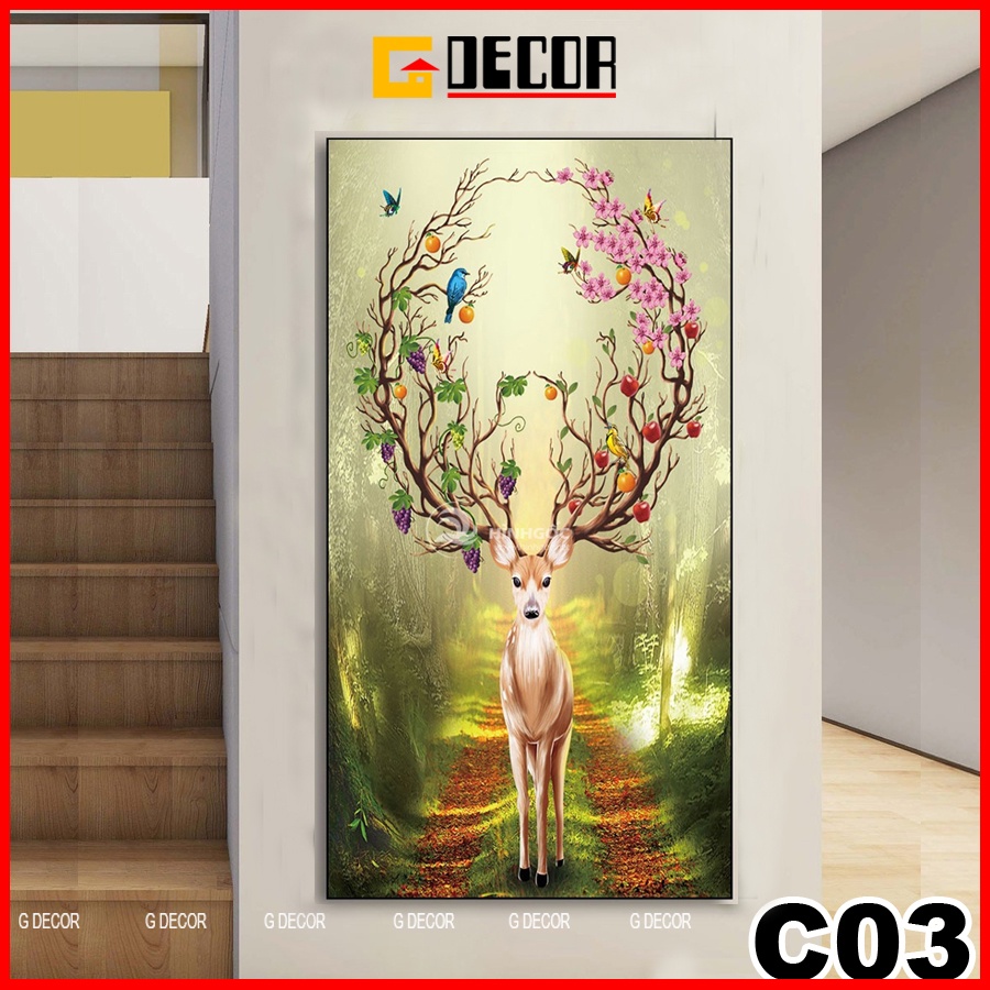 Tranh treo tường canvas 1 bức phong cách hiện đại Bắc Âu c03, tranh hươu tài lộc trang trí phòng khách, phòng ngủ, spa
