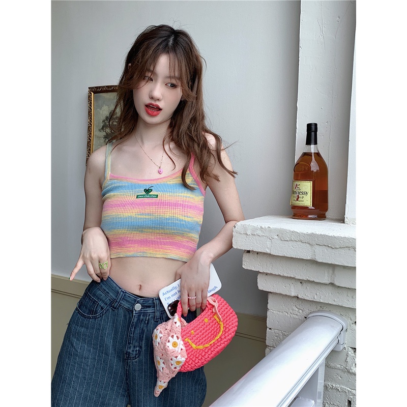 Áo Dệt Kim Hai Dây Dáng Ôm Họa Tiết Kẻ Sọc Nhiều Màu Sắc Thời Trang Mùa Hè Phong Cách Hàn Quốc Cho Nữ