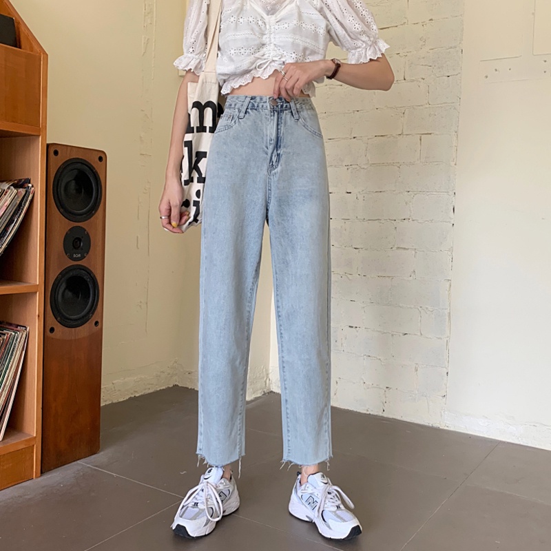 Quần jean baggy xanh SIMPLE nữ ống rộng rách gấu, dáng suông