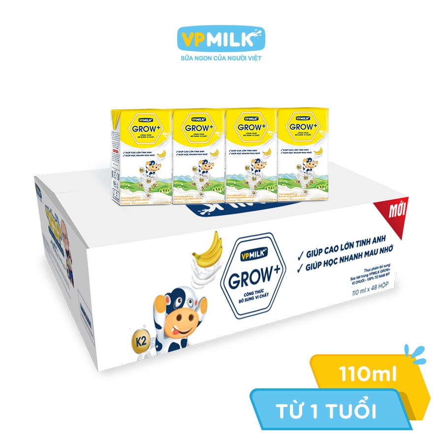 Sữa Tiệt Trùng Có Đường VPMilk Grow+ Vị Chuối Hộp 110ml (Lốc 4 hộp)