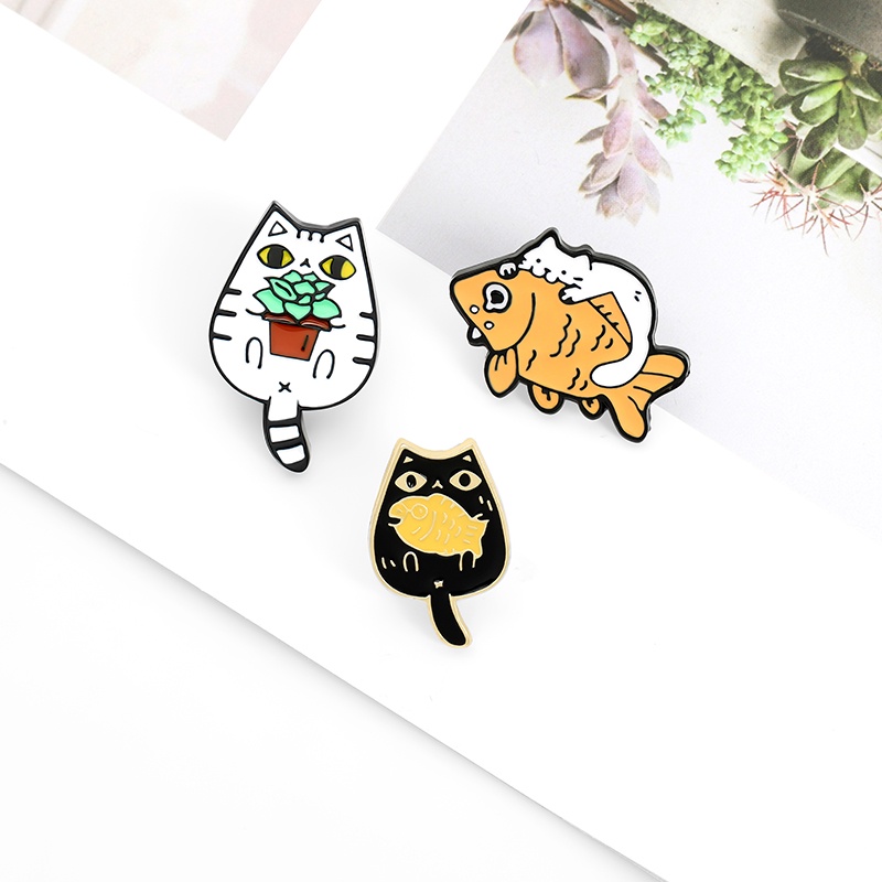 Ghim Cài Áo Hình Mèo Và Cá Dễ Thương