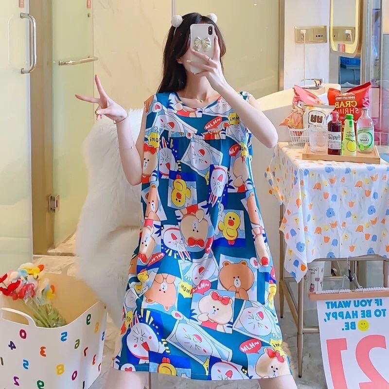Váy lanh lụa, váy bầu bigsize dáng suông chất mềm mịn mát free size 40-80kg