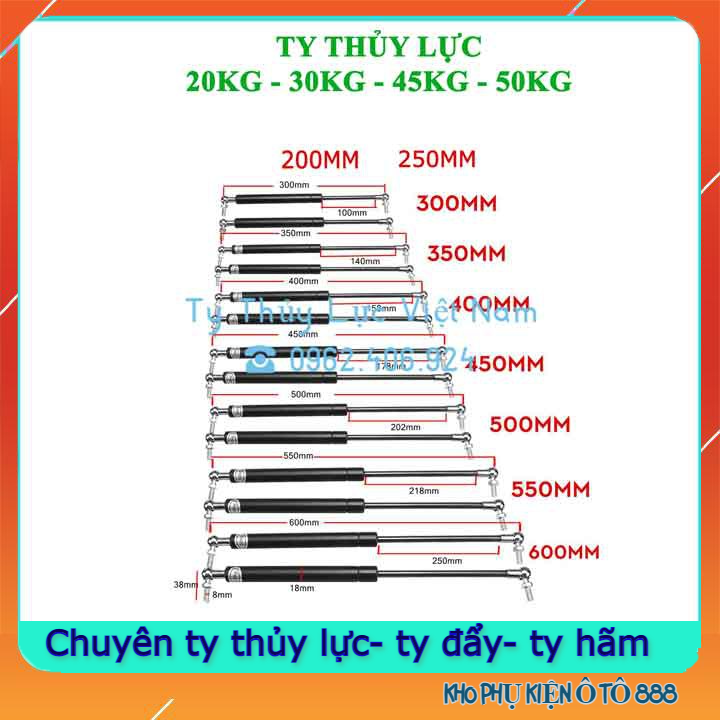 Ty chống thủy lực cốp sau, capo chịu tải 200N (20kg) chiều dài từ 20-70cm (giá/ 1chiếc)