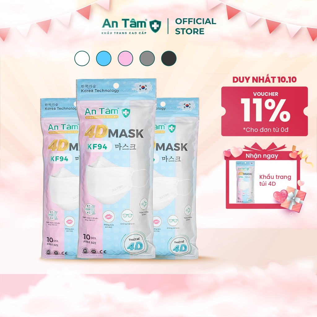 Combo 3 túi khẩu trang 4D FK94 Hàn Quốc 4 lớp thông thoáng, Vải Không Dệt & Giấy Kháng Khuẩn - Túi 10 cái