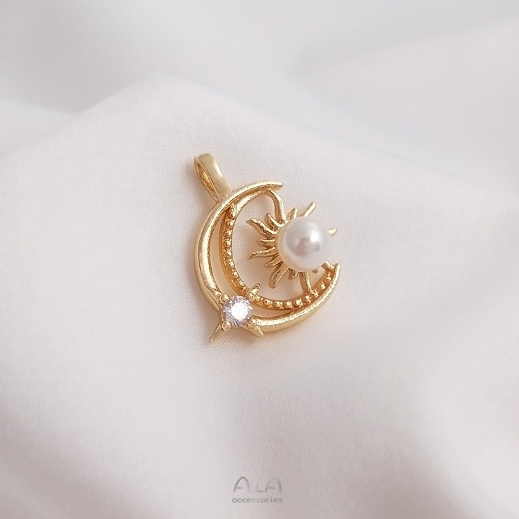Vòng cổ Đồng 14K Mặt Hình Trăng Sao Mặt Trời Đính Ngọc Trai Làm Đồ Thủ Công DIY