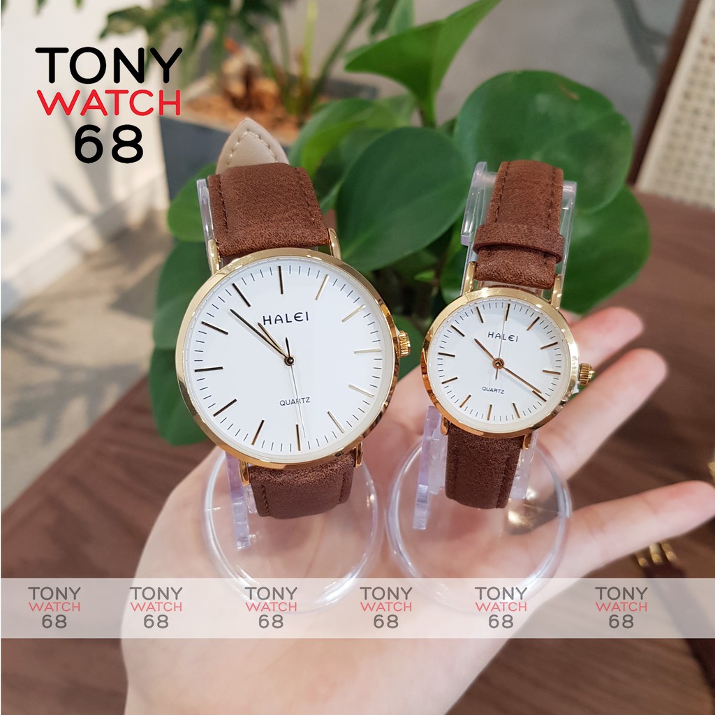 Đồng hồ cặp đôi nam nữ Halei dây da chống nước chính hãng viền mạ vàng Tony Watch 68 | BigBuy360 - bigbuy360.vn