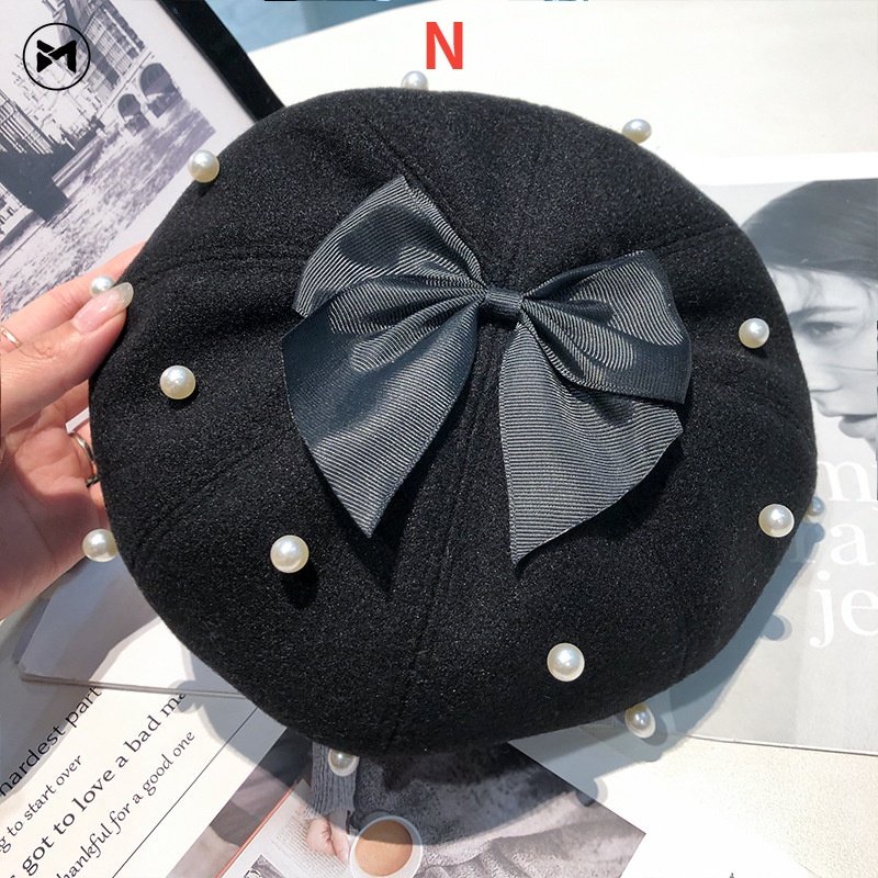 Mũ Beret Len Đính Nơ Ngọc Trai Phong Cách Lolita Nhật Bản