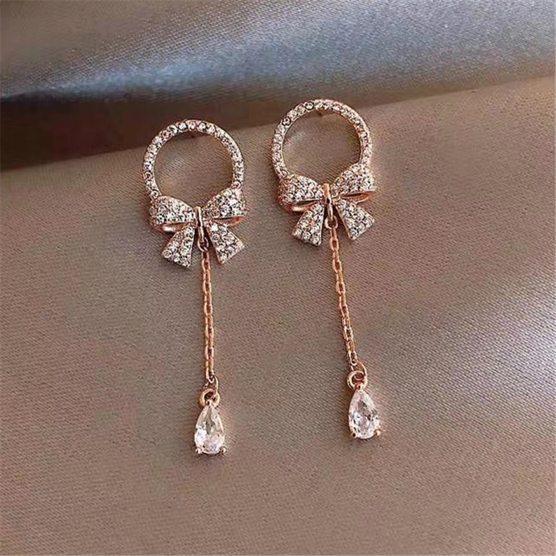 Đôi Bông Tai Mạ Bạc 925 Hình Nơ Đính Đá Xinh Xắn