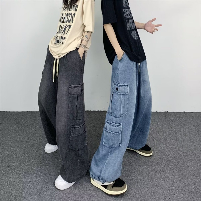 Quần Jean Dài Ống Rộng Phối Túi Lớn Phong Cách Hip Hop Thời Trang Cá Tính Cho Nam Nữ