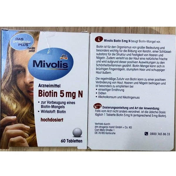 Viên uống đẹp da và móng, kích thích mọc tóc Biotin Mivolis 5 mg N