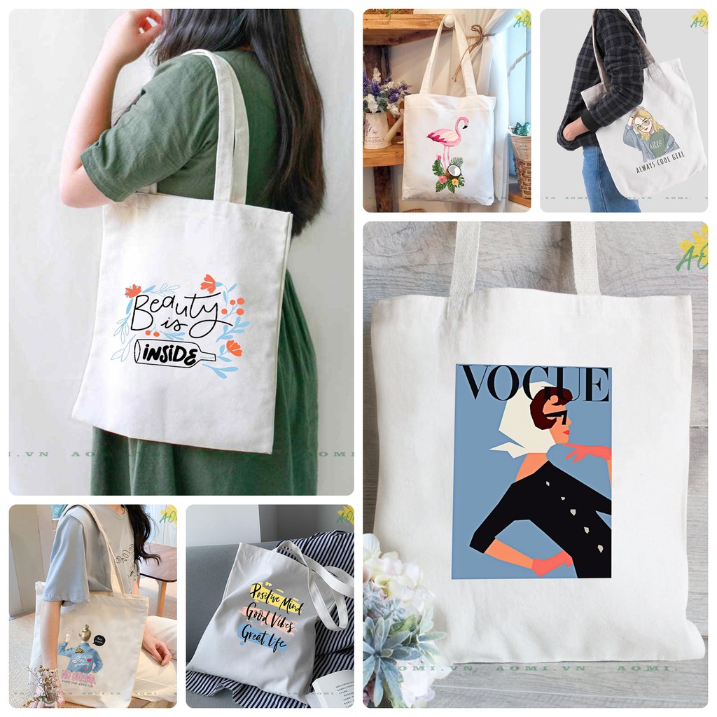 TÚI VẢI ĐEO VAI TOTE CANVAS BAG CÓ KHÓA KÉO SIZE LỚN 33x38cm AOMIVN PHONG CÁCH CÁ TÍNH HOT TREND NHIỀU MẪU