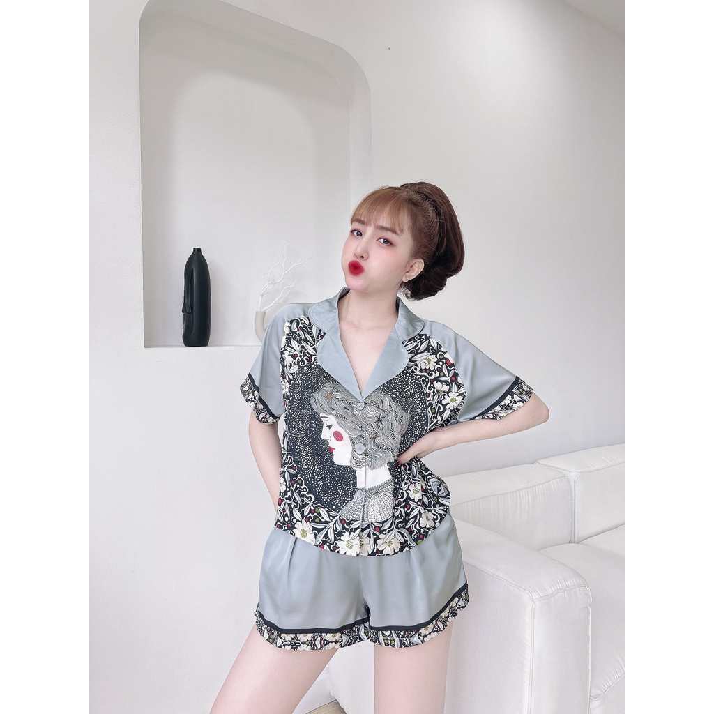 Pijama lụa Latin in chân crotop, họa tiết siêu xinh