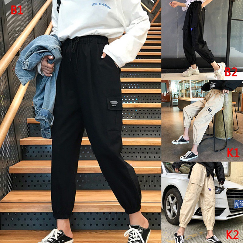 Quần dài lưng cao màu trơn phong cách Harajuku cho nam và nữ