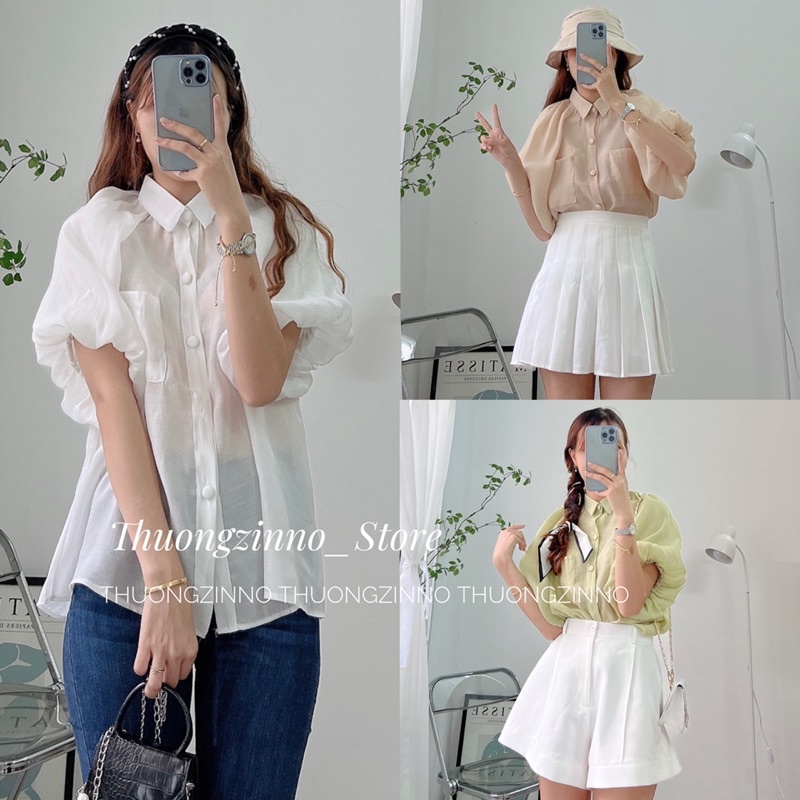 [Ảnh thật/Video] Áo bi bèo Sofia siêu xinh thiết kế cúc bọc 2 màu trắng/ be - áo sơ mi bánh bèo tay phồng