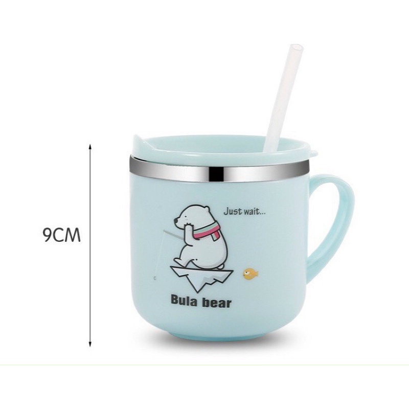 Cốc giữ nhiệt lõi inox chống đổ,không có vạch chia ml, kèm ống hút cho bé