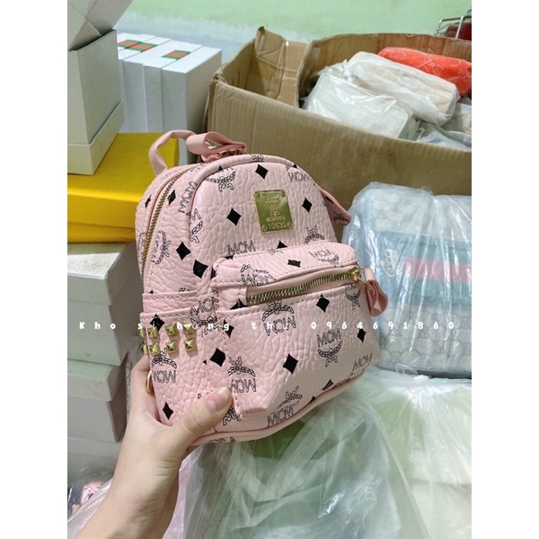 Balo thời trang mini in họa tiết chữ McM kèm móc khoá màu hồng qc❣️Freeship❣️