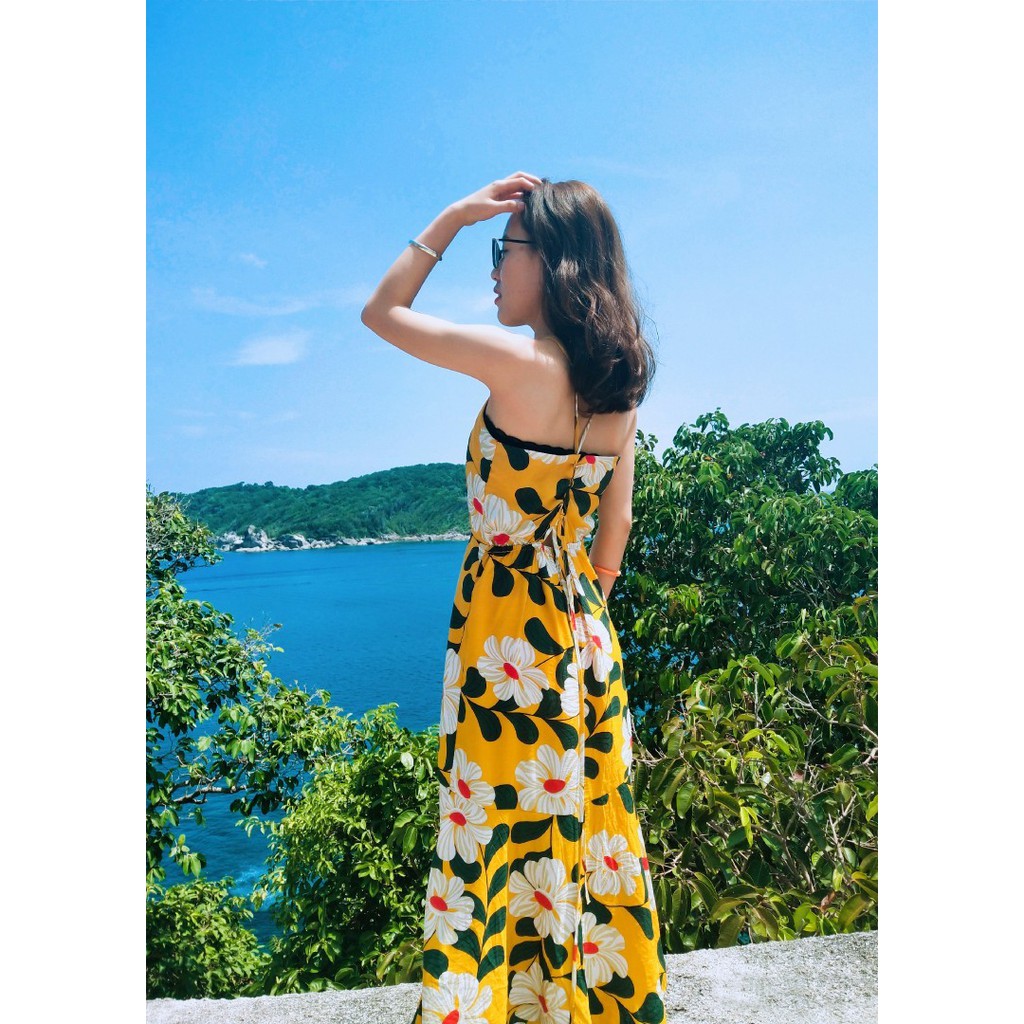 [ẢNH THẬT KHÁCH MẶC] - Váy maxi 2 dây họa tiết hoa vàng xinh dễ mặc, đi biển, du lịch | MX036