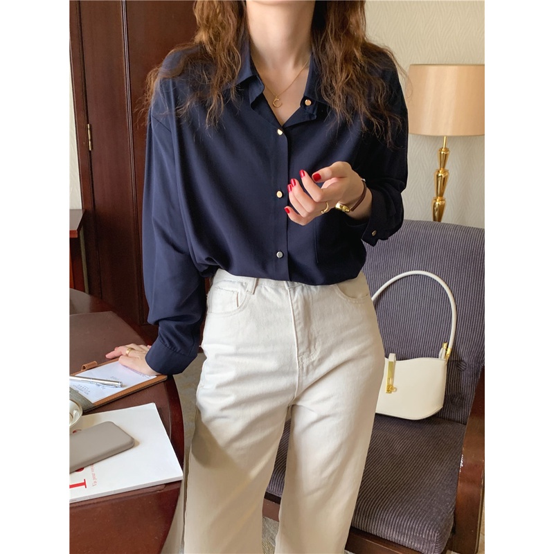 Áo sơ mi dài tay dáng rộng phối hàng nút đơn thời trang 46407