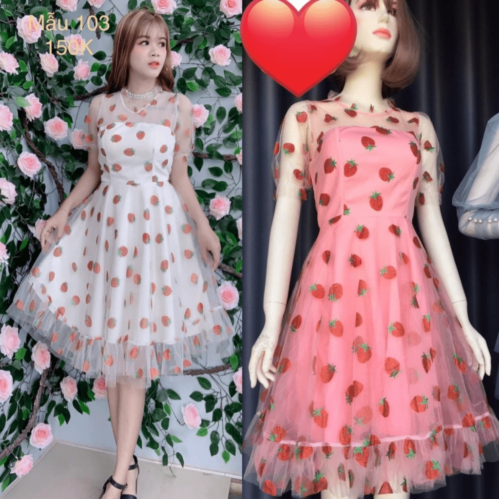 (Mẫu Mới) Xả lỗ Mẫu Đầm Lưới In Quả Dâu Có Lót Lụa Siêu Dễ THương UP h.h.p