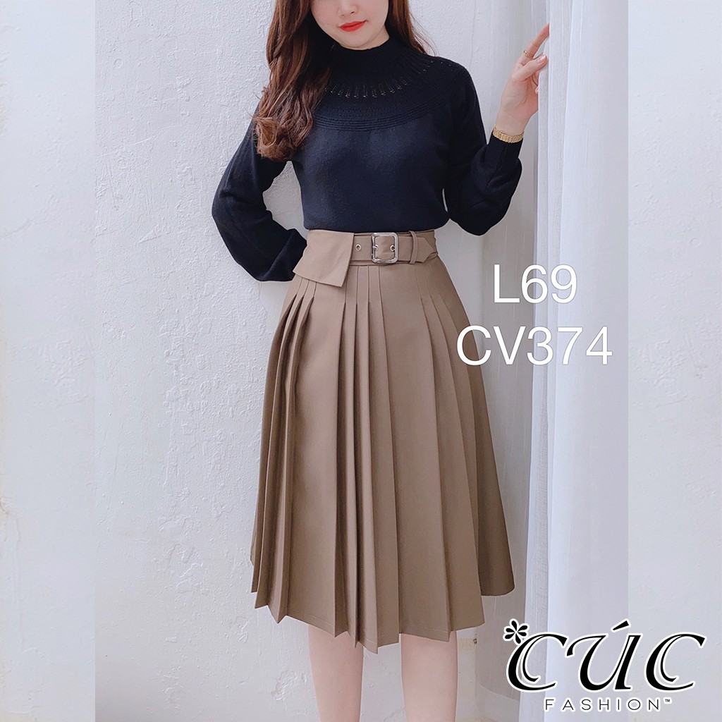 Chân váy xếp ly Cúc Fashion cao cấp dáng dài công sở cạp cao chun co giãn dập li xòe CV805