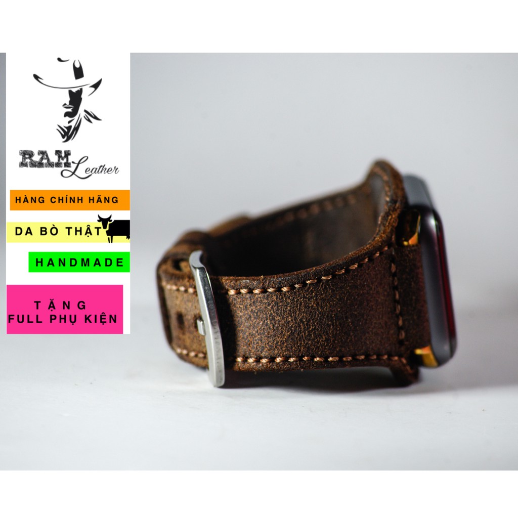 Dây apple watch da bò thật chống mồ hôi RAM Leather bx mài nhám - tặng khóa chốt và adapter